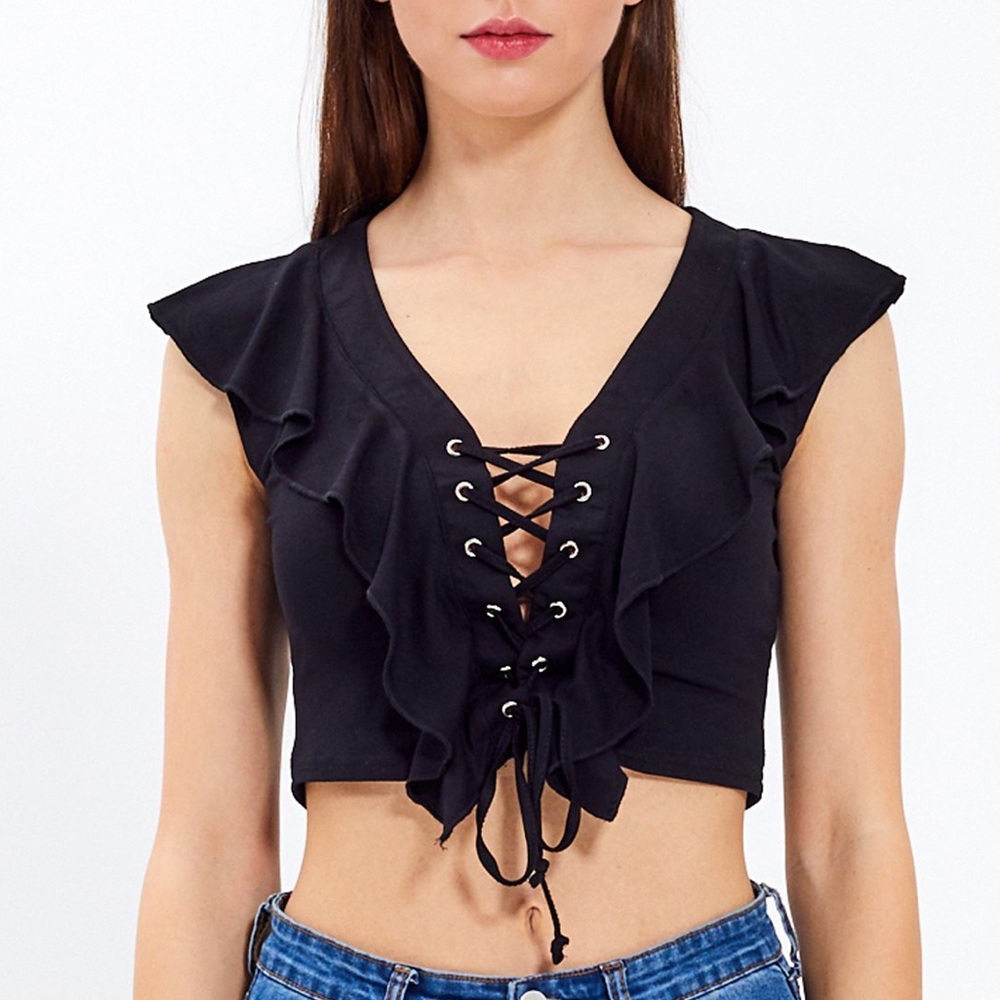 NWOT Mustard Seed Lace-Up Ruffle Crop Top